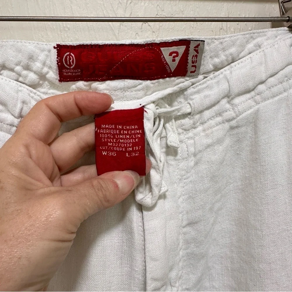 Guess vintage 100% linen men’s white slacks zipper & drawstring pants size 36/32